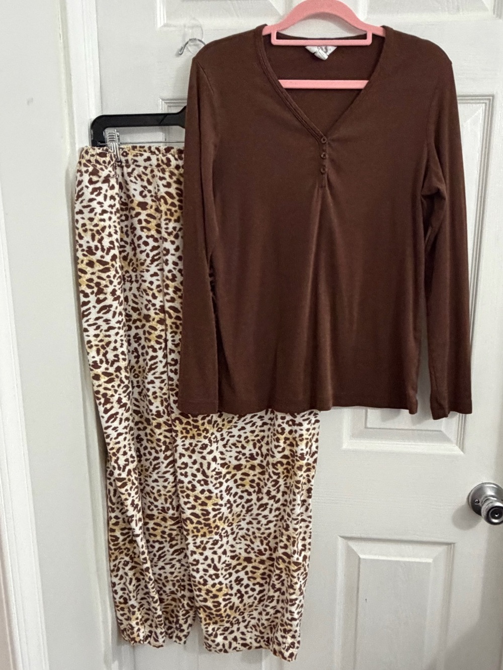 Charter Club Brown Long-Sleeve Pajama Set with Leopard Print Pants. Size Medium
